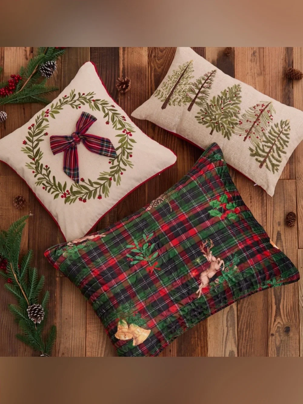 Levtex Beige Holiday Tree Embroidered Lumbar Pillow with Green and Red Accents